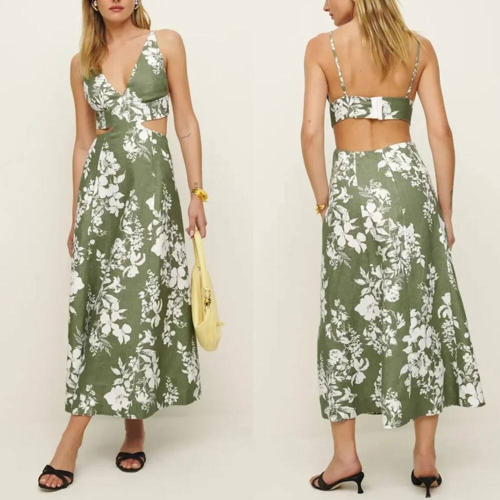Reformation Samara Midi Dress Willow Green Floral Linen Cut Out Open Back Size 2 - Picture 11 of 11